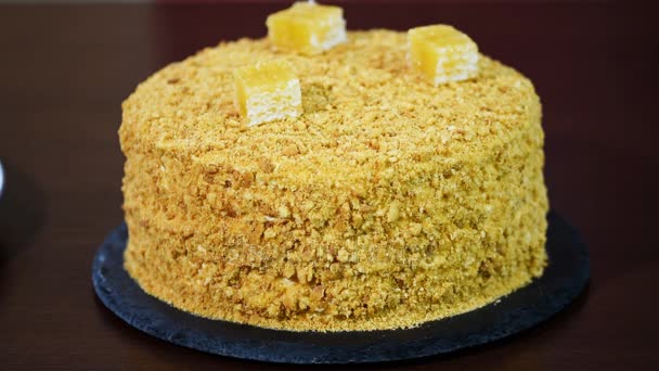Decorate fresh homemade honey cake "Medovik" - Footage, Video
