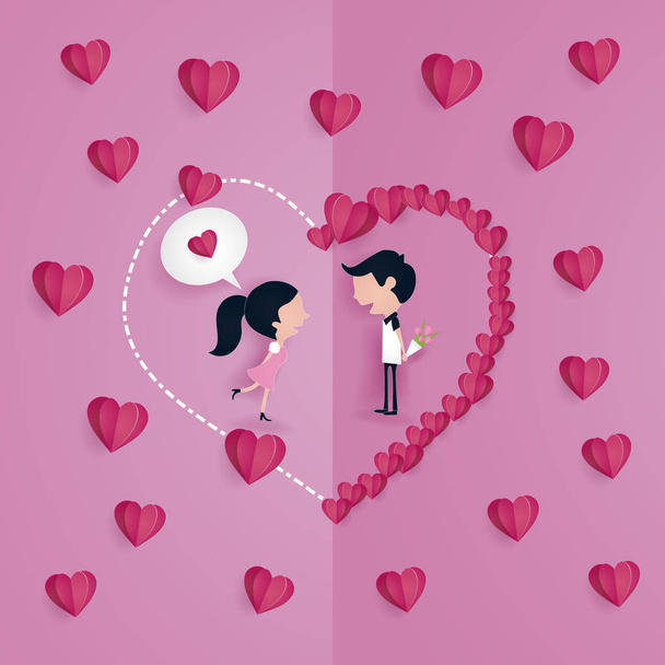 Colorful Valentine's day card template with cartoon couple, vector illustration using paper cut style - Vetor, Imagem