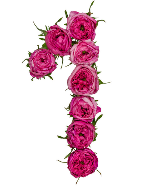 arabische Ziffer 1, eins, aus roten Rosenblüten, isoliert auf einem - Foto, Bild