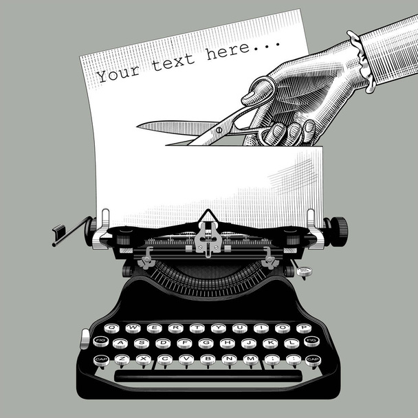 Woman's hand cutting a paper with scissors inserted into an old typewriter - Vector, Imagen