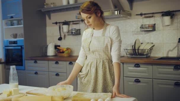 Portrait shot of the young charming woman in the apron and with a flour on her face making a daugh and smiling to the camera in the kitchen. Indoor - Metraje, vídeo
