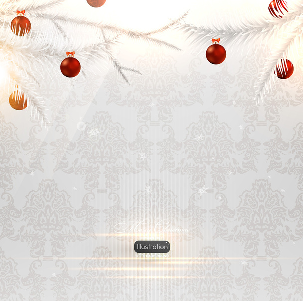 Merry Christmas and Happy New Year vector with ball, fur tree branch and stars. - Vektori, kuva