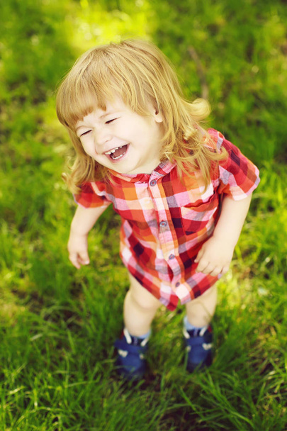 happy small boy on green grass - Foto, imagen