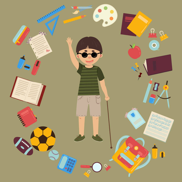 Disabled blind schoolboy with cane and school supplies - Vector, Image
