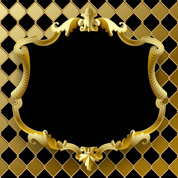 Vintage gold frame with black field on rhomboids background - Vector, imagen