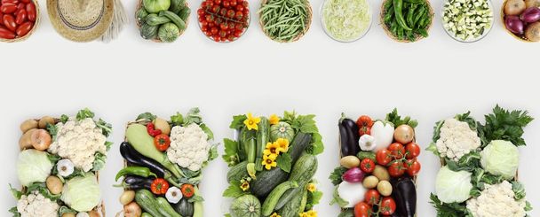 白いキッチン テーブル、web バナー コピー spac の野菜トップ ビュー - 写真・画像