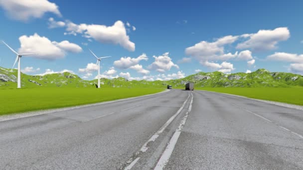 Araba ile yol yön ve rüzgar türbini hareketli Kamyon kamyon - Video, Çekim
