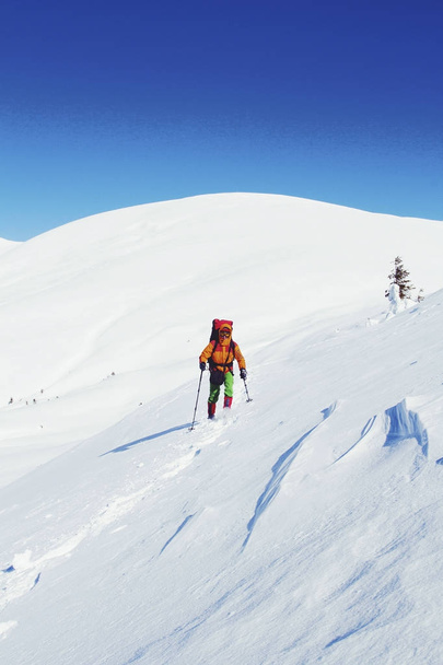 Snowshoe walker running in powder snow with beautiful sunrise li - Valokuva, kuva