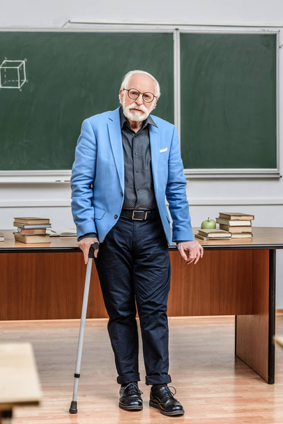 grey hair professor leaning on table and walking stick - Valokuva, kuva