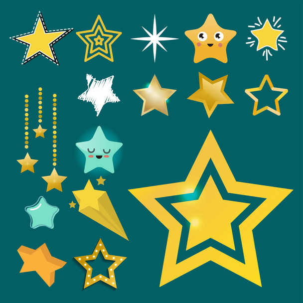 Shiny star icons in different style pointed pentagonal gold award abstract design doodle night artistic symbol vector illustration. - Vector, Image