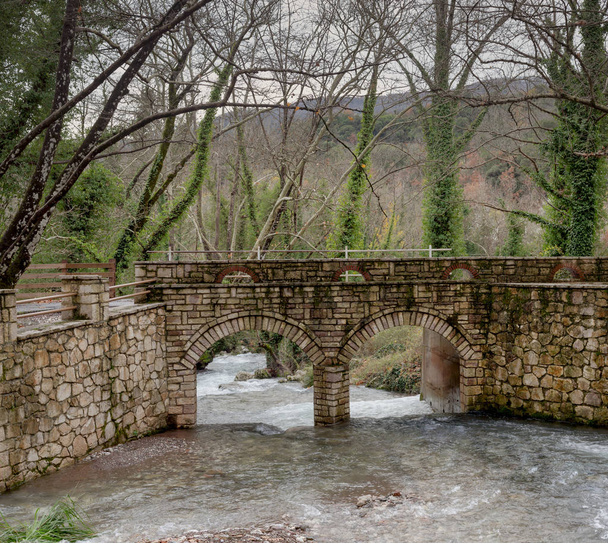 alte, steinerne, gewölbte Brücke über den Fluss an einem bewölkten Wintertag (Griechenland, Region Arkadien).   - Foto, Bild