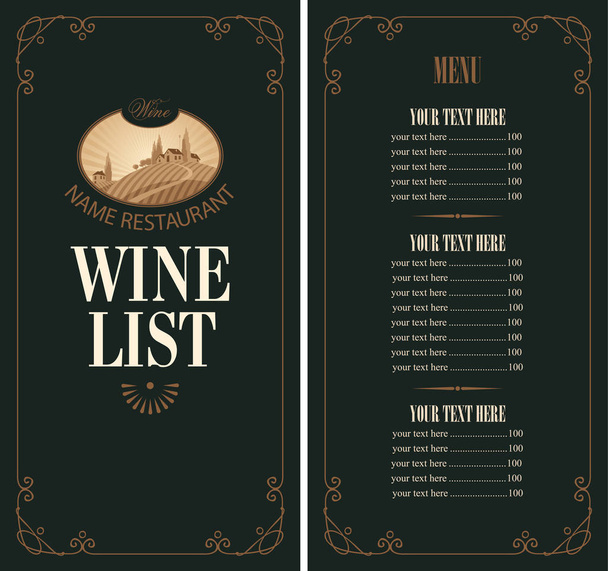 μενού κρασιών με το τιμή λίστα και Αμπελώνας τοπίο - Διάνυσμα, εικόνα