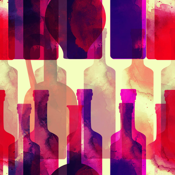 watercolour and digital hand drawn mix seamless pattern with imprints of wine bottles  - Photo, Image
