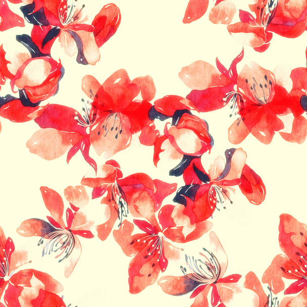 akwarela i cyfrowy ręcznie rysowane wzór z odcisków delikatne kwiaty wiśni  - Zdjęcie, obraz
