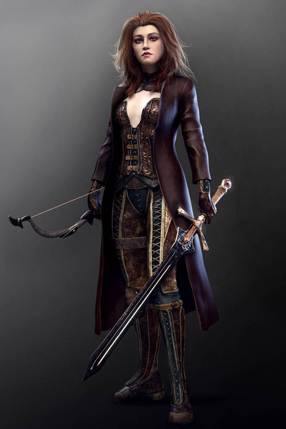 Fantasia Elvish Warrior Woman em casaco de couro longo com espada e arco
 - Foto, Imagem