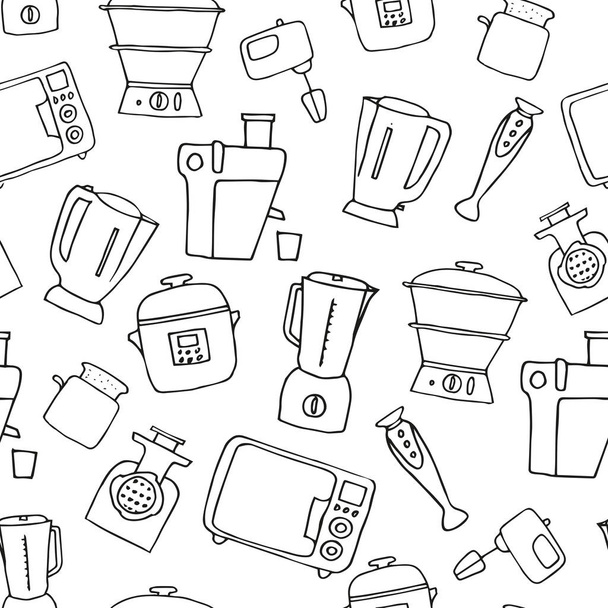 various kitchen appliances. hand drawn house appliances doodles seamless pattern - Vector, Image