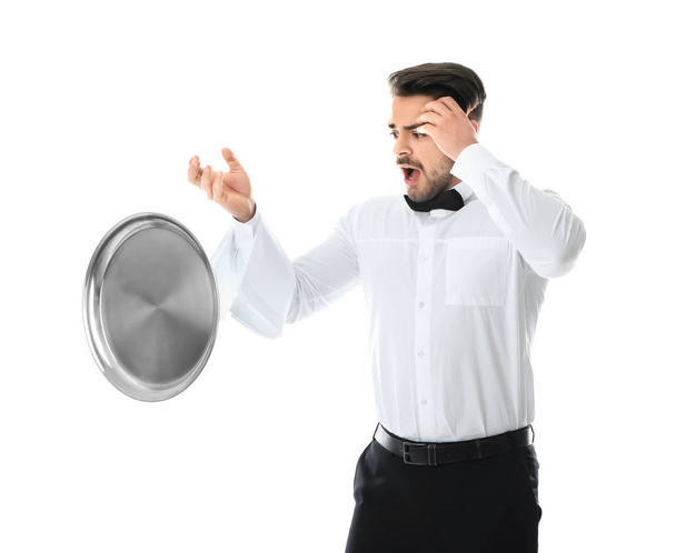 Waiter with empty tray on white background - Foto, immagini