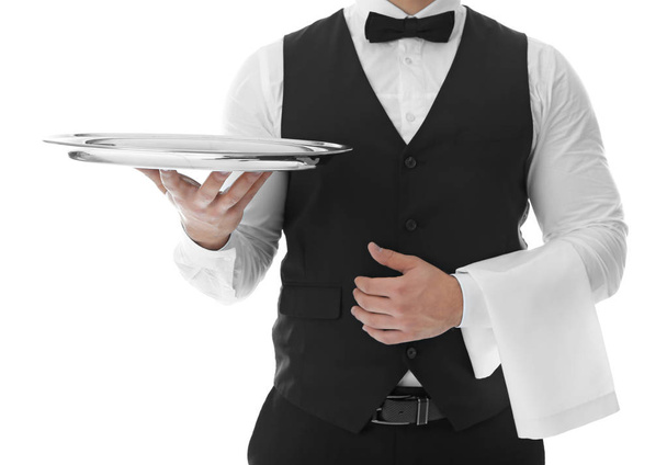 Waiter with empty tray on white background - Foto, Imagen