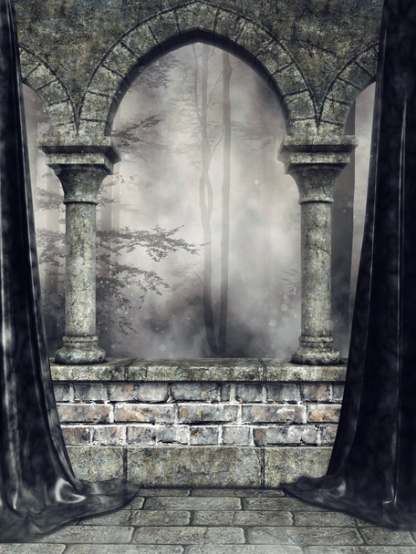 Dark scenery with a stone gothic arch and black curtains. 3D render. - Photo, Image