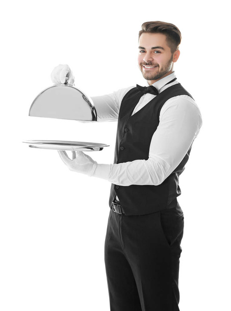 Waiter with metal tray and cloche on white background - Foto, Bild