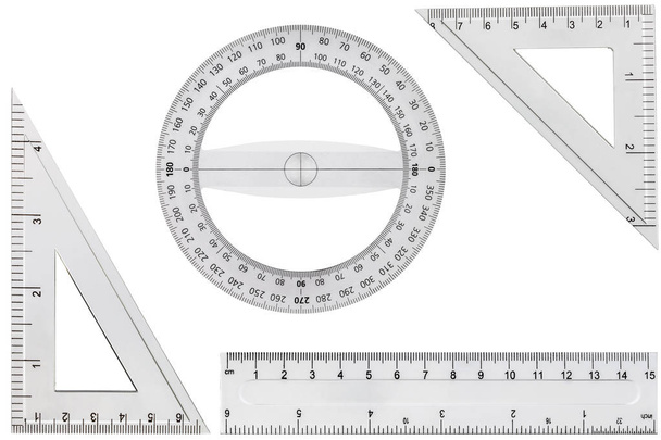 Set van tools, liniaal, driehoek van de gradenboog, geïsoleerd op wh tekening - Foto, afbeelding