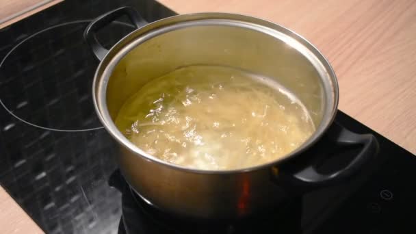 Metal bir tencerede kaynar ve suda uzun makarna spagetti makarna pişirme - Video, Çekim