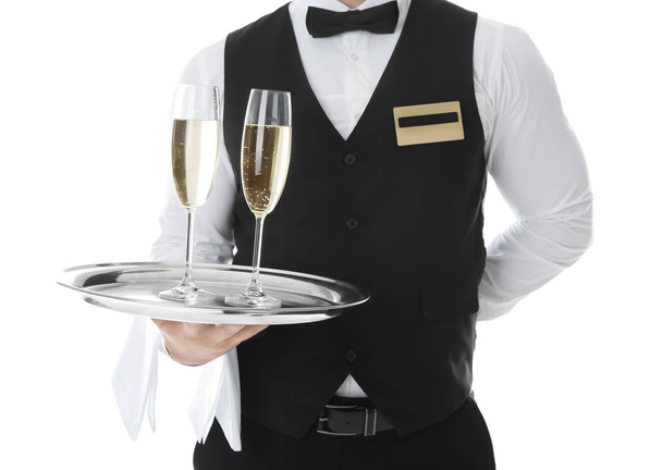 Waiter holding tray with glasses of champagne on white background - Foto, immagini