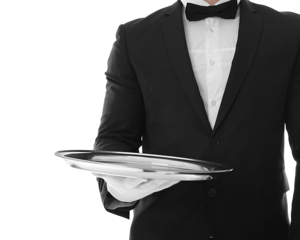 Waiter with empty tray on white background - Foto, Imagen