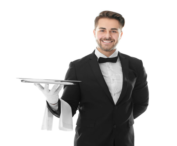 Waiter with empty tray on white background - Foto, imagen