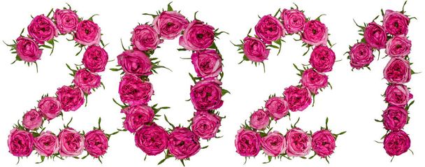 Число 2021 з червоних квітів троянди, ізольовано на білому фоні
 - Фото, зображення