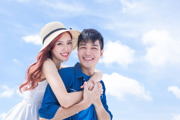 couple feeling  free on  blue sky background - Foto, immagini