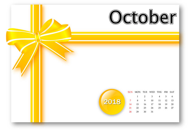 Oktober 2018 - kalender serie met cadeau lint ontwerp - Foto, afbeelding