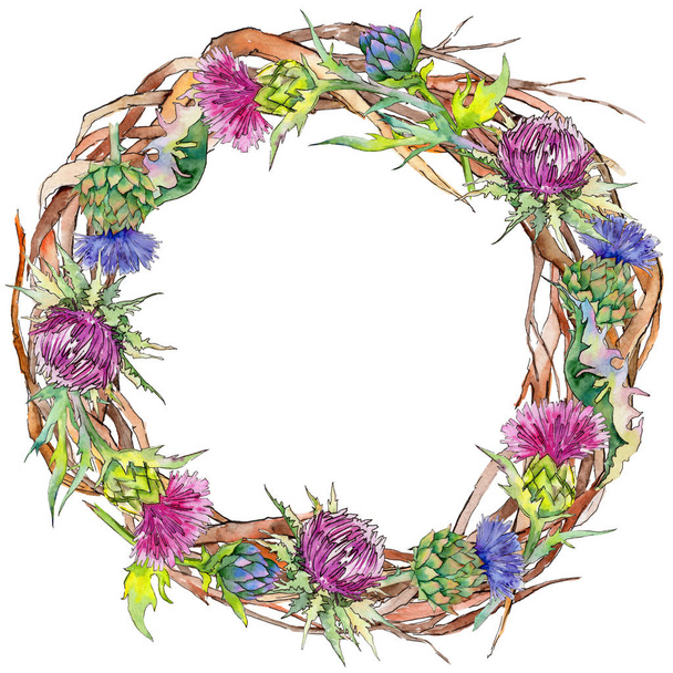 Wildflower thistle flower wreath in a watercolor style. - Photo, Image