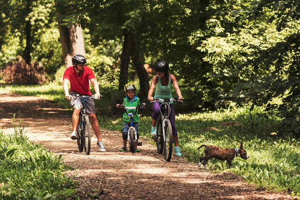 Família de bicicleta na floresta com cão correndo ao lado deles
 - Foto, Imagem