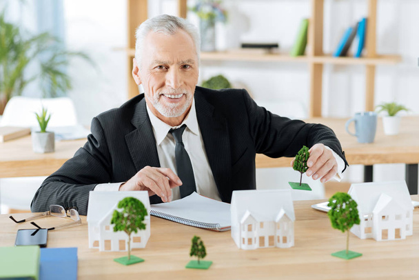 Smiling real estate agent feeling happy while moving toy trees - Photo, Image
