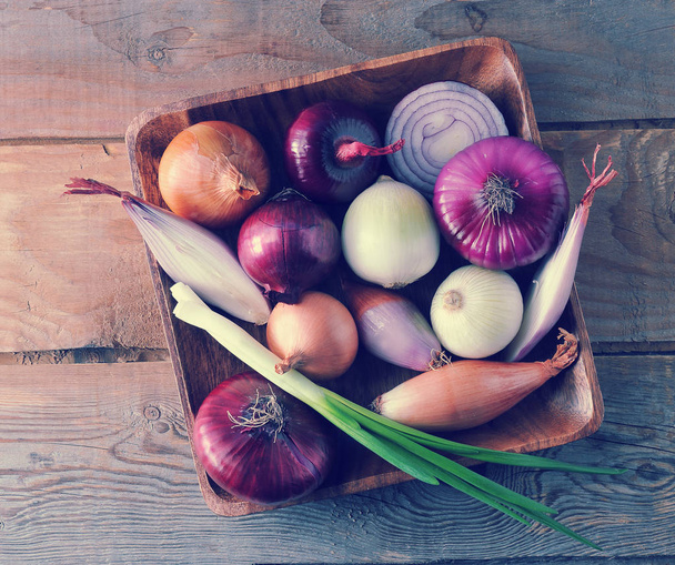 different onion varieties in a wooden plate  - Photo, image