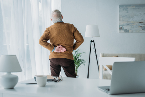 Hombre mayor que sufre de dolor de espalda durante el trabajo en el cargo
  - Foto, Imagen