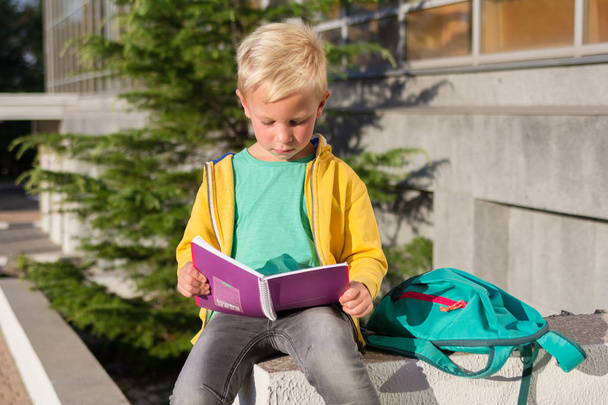 Симпатичный школьник с книгами и рюкзаком
 - Фото, изображение