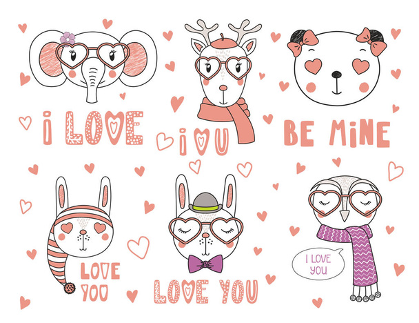 Valentines day card with set of hand drawn portraits of cute funny animals with accessories and  romantic quotes, vector, illustration - Vector, Image