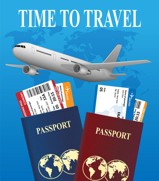 Έννοια διεθνείς διακοπές ταξίδια αέρα. Επαγγελματικά ταξίδια πανό με αεροπορικά εισιτήρια και ρεαλιστική αεροπλάνο. Εικονογράφηση διάνυσμα - Διάνυσμα, εικόνα