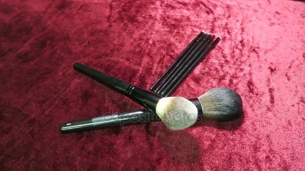 Set of makeup brushes, brushes for cosmetics of different sizes. overview of tools of a makeup artist. Smoke blowing from the top of the palette. - Video, Çekim