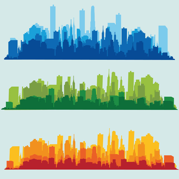 City skyline vektoros illusztráció. Városi táj. Kék város sziluett. Városkép lapos stílusban. Modern városi táj. Városkép háttér. Nappali city skyline. - Vektor, kép