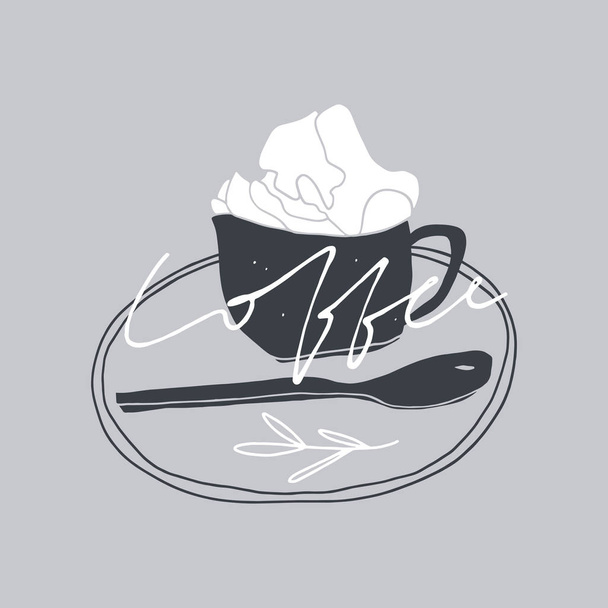 Doodle cup of coffee with whipped cream. Hand drawn stylized illustration with hand lettering  - Vector, Image
