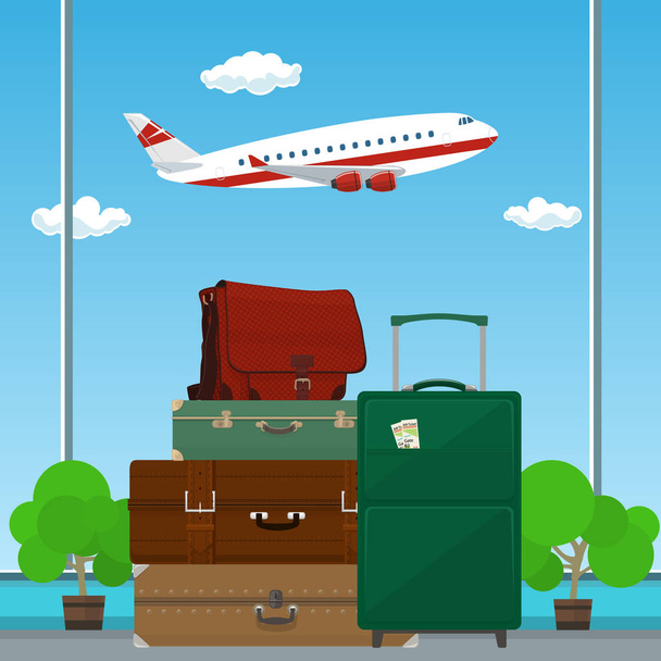 Retro Colored Suitcases and Trolley Suitcase - Vector, Image