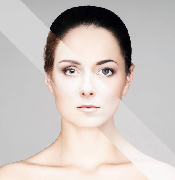 Visage féminin parfait composé de différentes parties du visage. Concept de chirurgie plastique. Collage autocollant
 - Photo, image