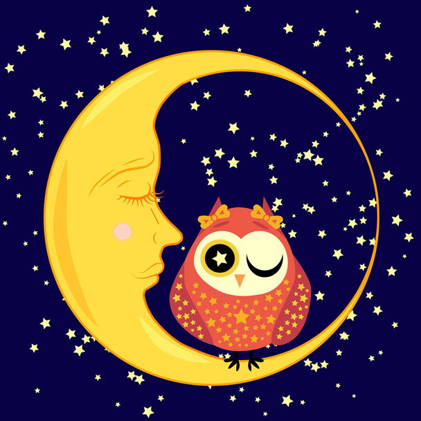 cute cartoon sleeping owl in circles with closed eyes sits on a drowsy crescent among the stars - Vektor, obrázek