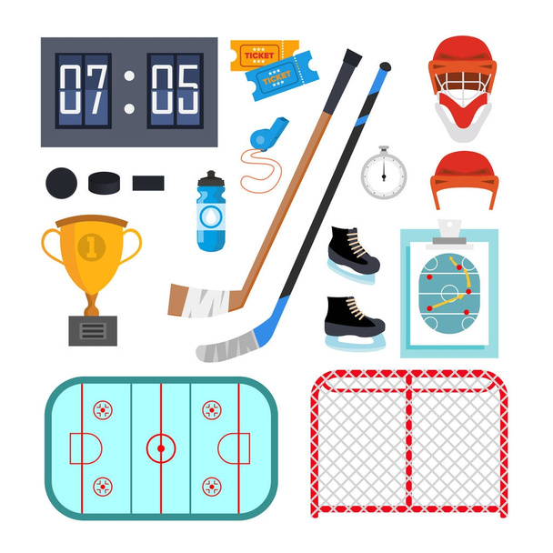 Ice Hockey Icons Set Vector. Ice Hockey Symbols And Accessories. Isolated Flat Cartoon Illustration - Вектор, зображення