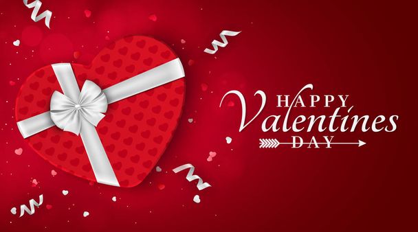 Happy Valentines day red romantic banner. Gift from the heart. Red gift box with a white bow. Background for your design. Confetti and ribbons. Vector. - Vector, Imagen