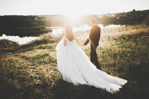 Wedding couple posing on sunset at wedding day. Bride and groom in love - Foto, imagen