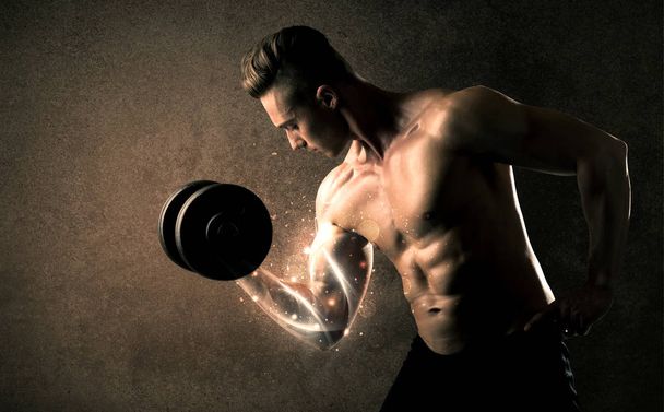 Bodybuilder lifting weight with energetic white lines concept - Photo, image